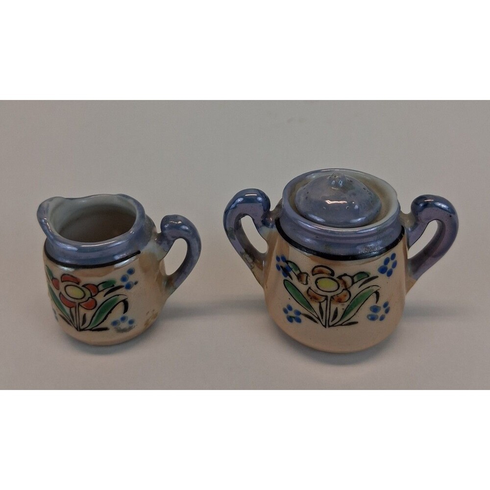 VTG Japan Lusterware Miniature Creamer Sugar Bowl Floral Dollhouse Ceramic 1930s